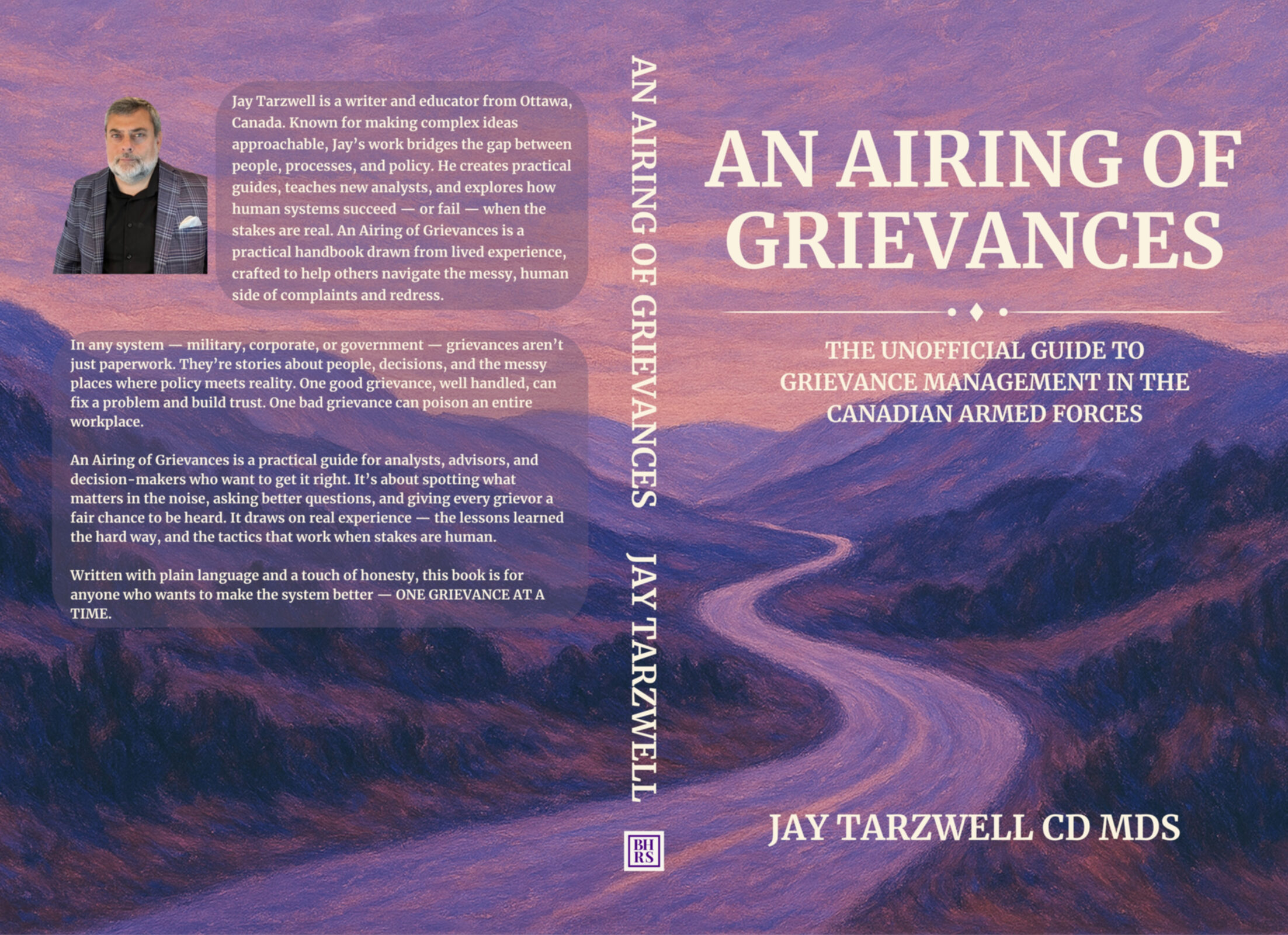 An Airing of Grievances complete book cover spread showing front and back covers with purple mountain design